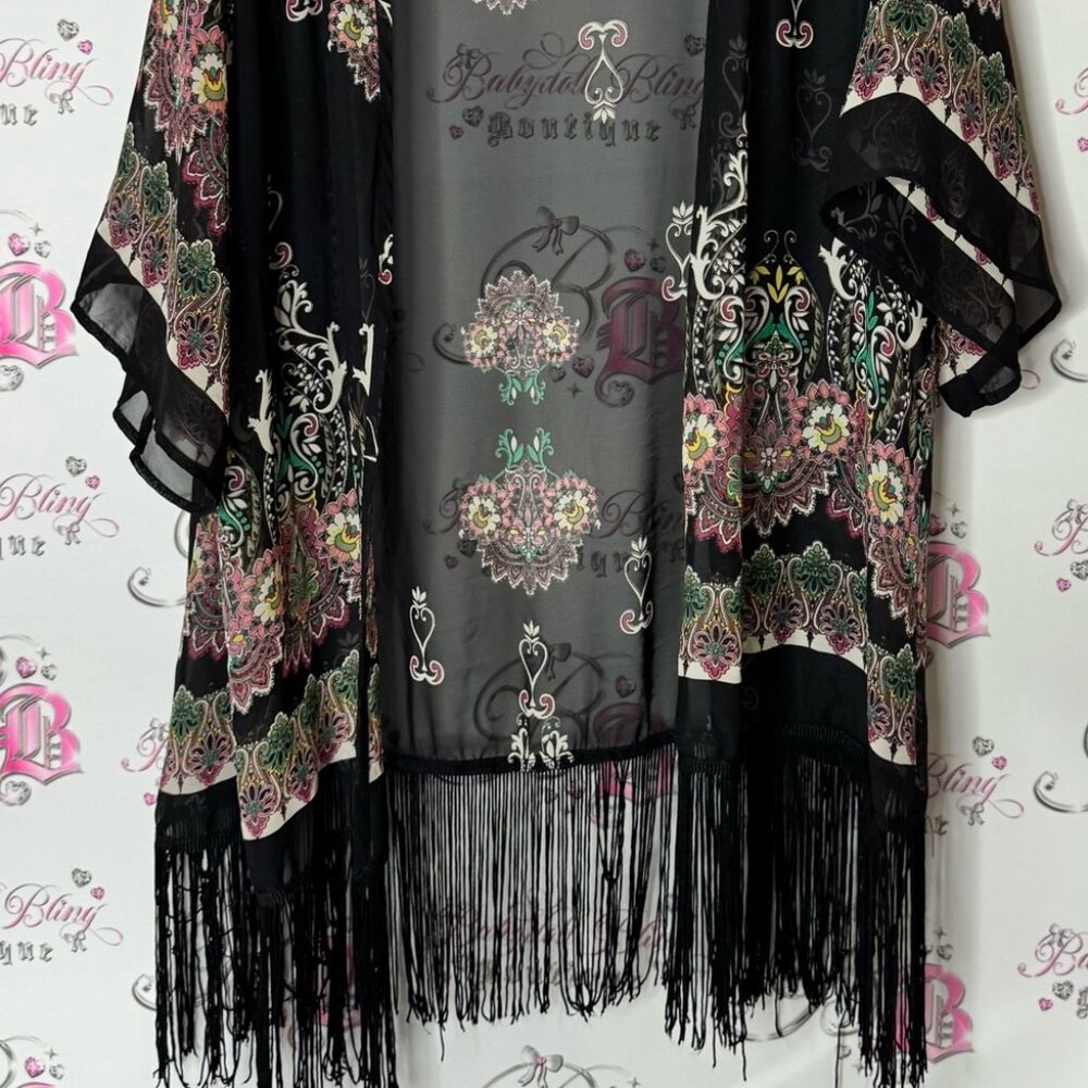 Olive tree cardigan paisley boho tassle hem flowers Black Floral Fringe Kimono - Picture 5 of 8